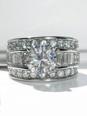 STAINLESS STEEL Round Brilliant Cut With Baguettes CZ Band Ring-Sizes 5-10